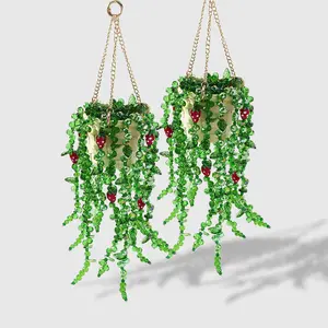 1 piece creative, fresh, fashionable rustic-style decorative hanging basket with multiple colors, textured handmade beaded strands, sparkling crystal leaf and strawberry vine details, bamboo-weave imitation texture, gold chain; DIY bag charm/hanging ornam