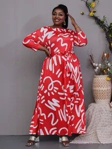 Plus Size Abstract Print Maxi Dress, Long Sleeve Belted Pocketed Long Dresses, Casual Party Wear, Stylish and Comfortable