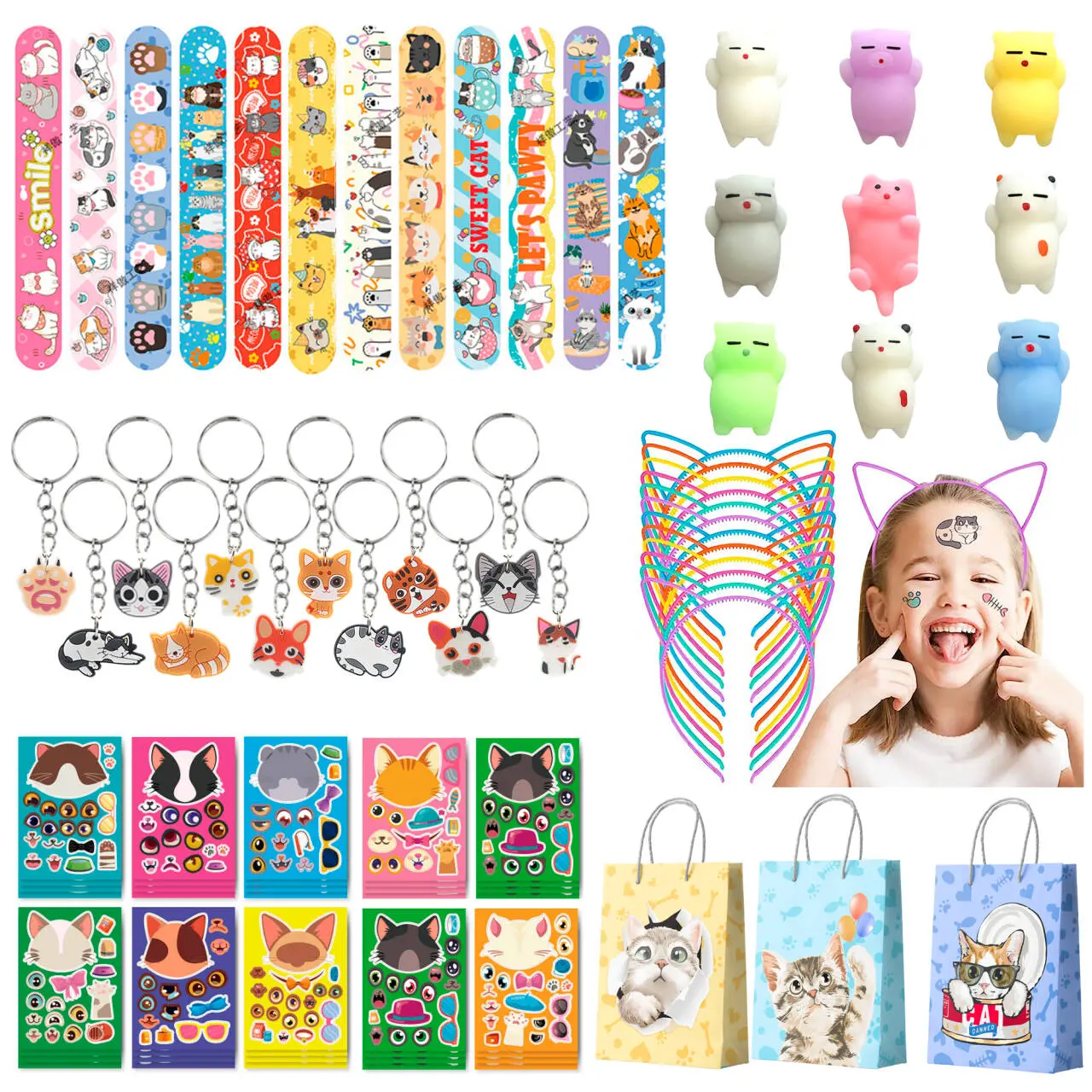 Cat Party Favors, 72 pcs Kitty Party Favors Set, Including Cat Goodie Bags, Ears, Headband Stickers, Keychains, Slap Bracelets, etc, Cat Themed Party Favors for Cat Birthday Party Decorations Supplies