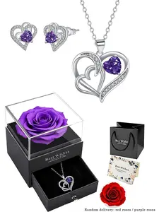 Heart Shape Jewelry Set, Birthstone Double Heart Pendant Necklace & Silver Color Earrings, Eternal Rose Gift Box, Ideal Birthday Present