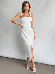 Women's Plain Ruched Wrap Split Thigh Bodycon Dress, Formal Elegant Dress, Elegant Square Neck Sleeveless Long Dress for Party Holiday Wedding Guest, Ladies Clothes for All Seasons