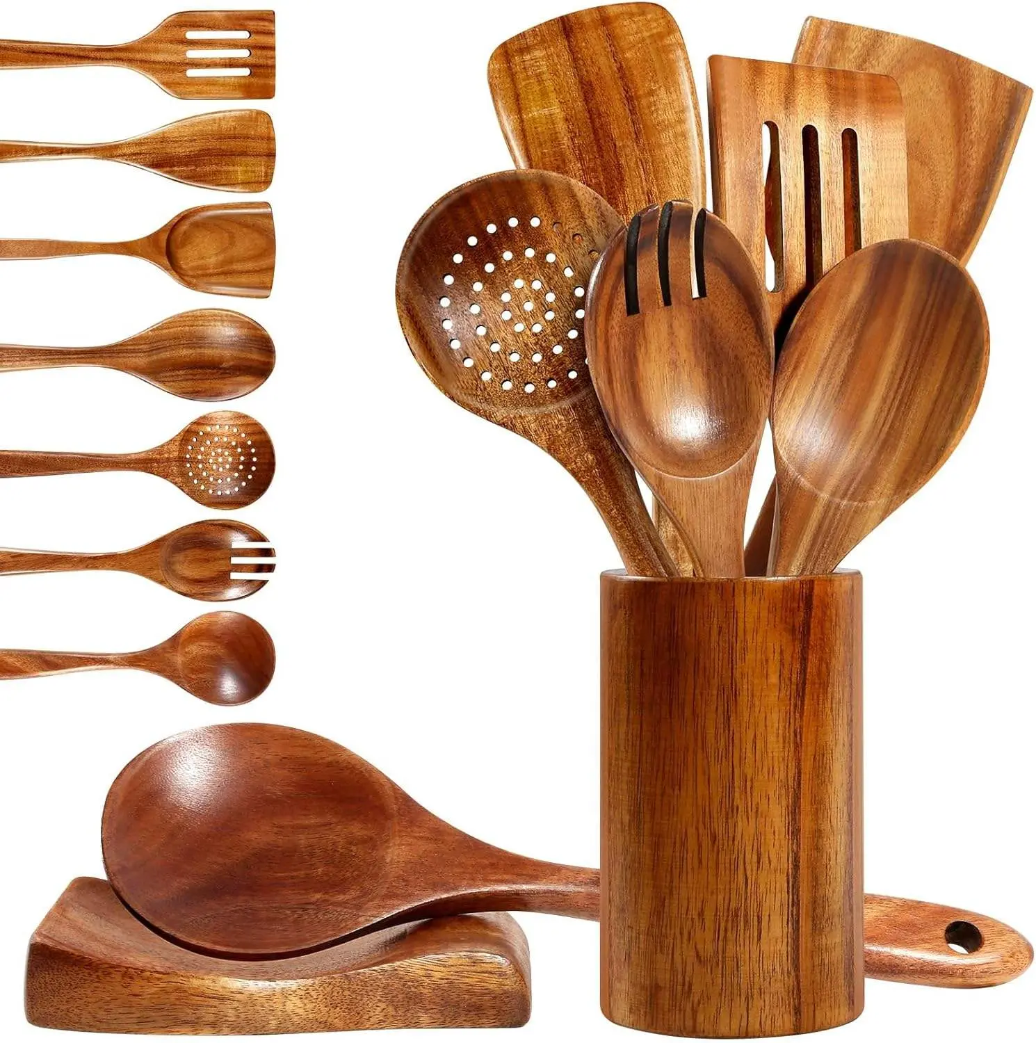 9PCS Wooden Cooking Utensils Set with Holder & Spoon Rest | Natural Teak Wood Spoons & Spatula Set | Non-Stick Safe, Heat Resistant Kitchen Tools