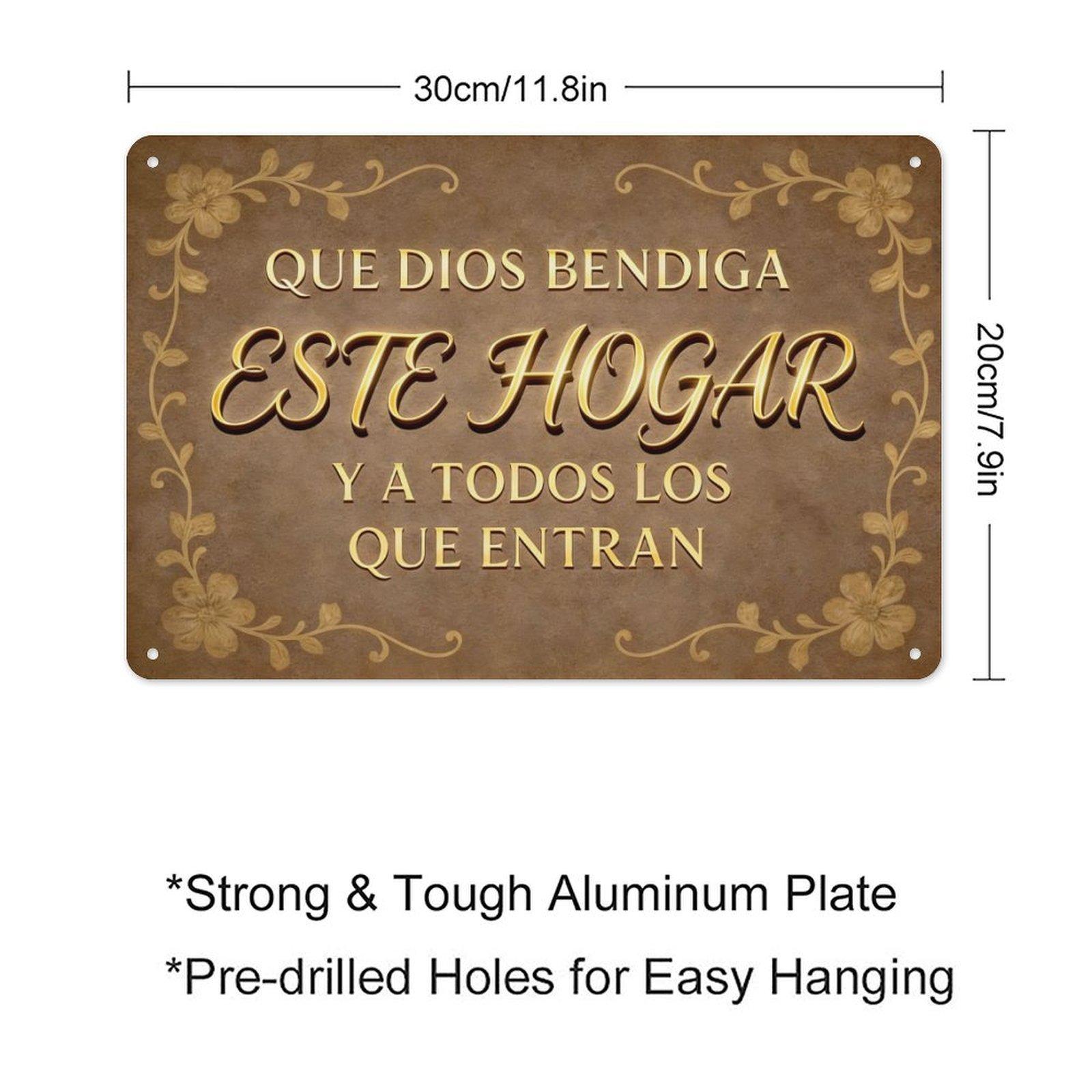 2D Flat, 12*8in "Que Dios Bendiga Este Hogar" Spanish Religious Aluminum Metal Sign. Vintage Brown & Gold Floral Design, Pre-drilled Holes. Ideal Wall Decor for Entryway, Bedroom, Church. A Heartfelt Gift for Spanish-Speaking Christian Families & Friends