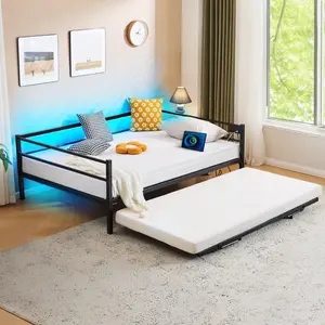 Karlhome  Twin/Full Daybed with Trundle Bed, Charging Station & LED Lights,Heavy Duty Metal Daybed with Pop up Trundle, No Box Spring Needed,Black
