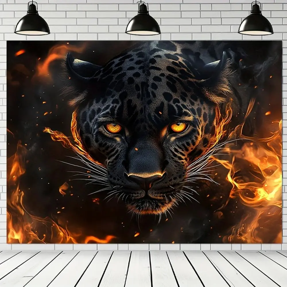 1pc Decorative Durable Leather Print White 2D Flat Animal Backdrop - Black Panther with Striking Yellow Eyes, Machine Washable, Ideal for Living Room Indoors Decor (Textiles & Soft Furnishings Blanket/Throw)