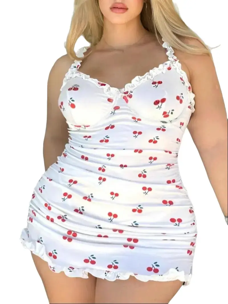 AgeRose Women's Plus Size Sleep Dress, Cute Cherry Print Spaghetti Strap Nightgown with Adjustable Straps, Soft Breathable Summer Loungewear, Breathable Sleep Dress, Nightwear, Sleepwear Outfit, Lady, Sleeveless, Fashion Sleepwear, Sweet Street, Relaxed C
