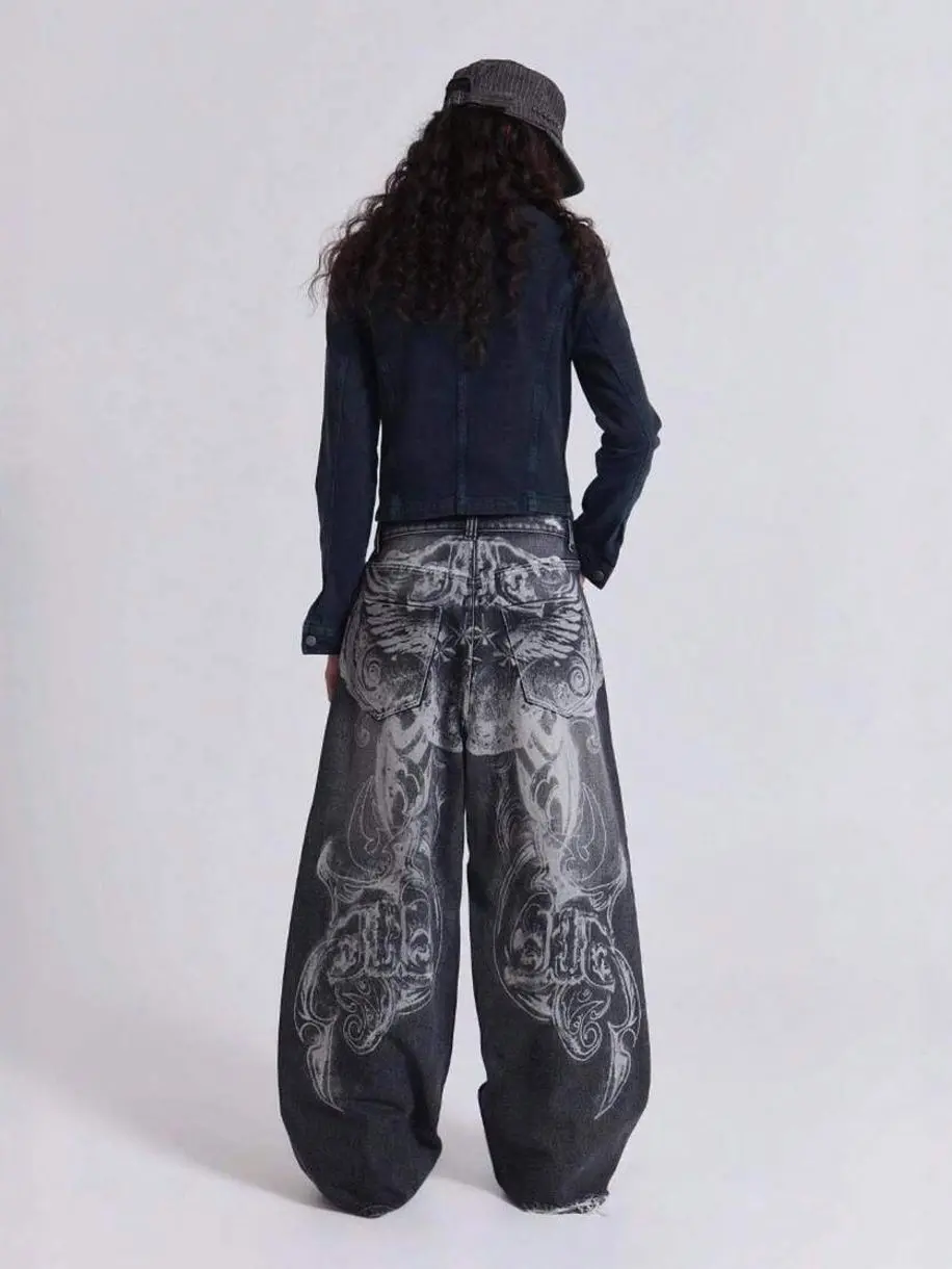 Y2K Gothic  & Flame Print/Embroidered Baggy Jeans, High Waist Wide Leg Vintage Washed Denim Pants, Ripped & Distressed Hem, Grunge Streetwear For Concerts, Festivals, Casual Outings