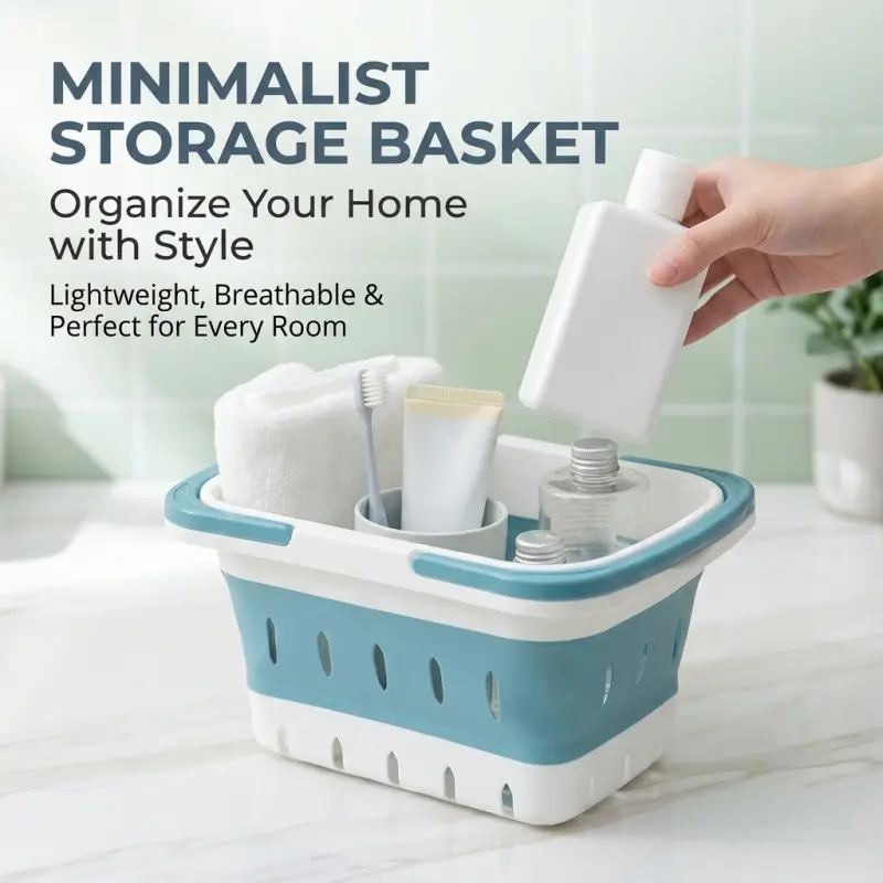 Collapsible Plastic Storage Basket with Breathable Holes, lightweight and open-design. Suitable for bathroom, kitchen, bedroom and laundry room, perfect for storing cosmetics, toiletries and various household items.