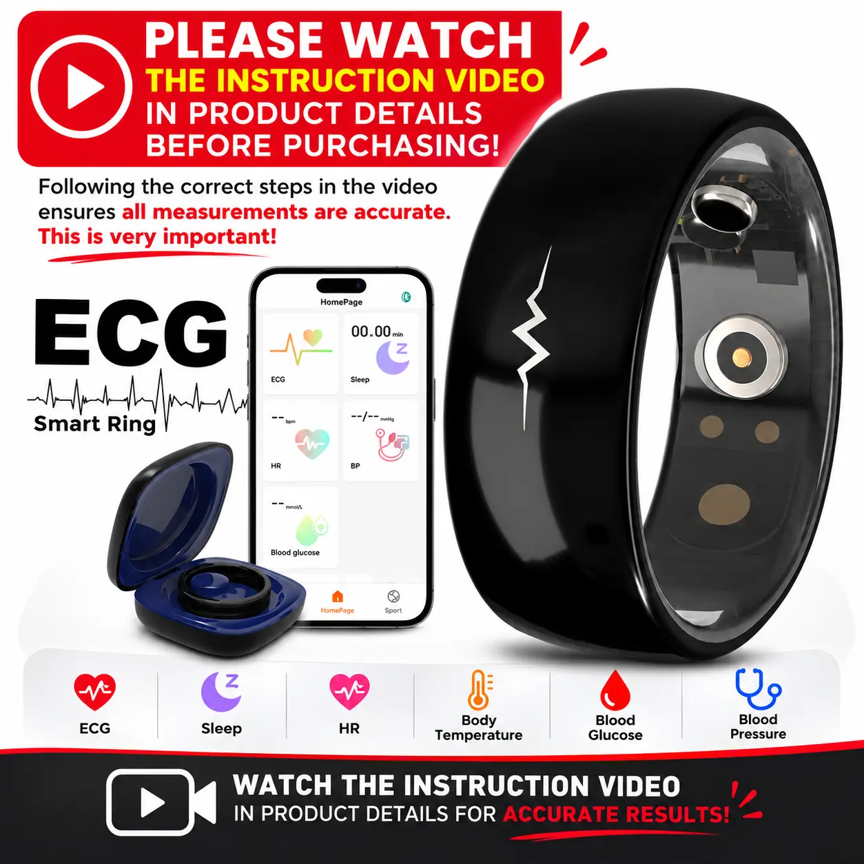 Smart ECG Health Monitoring Ring – ECG/Heart Rate /Sleep /Activity Tracker/Blood pressure/Blood glucose/Spo2/Temperature/Water Proof