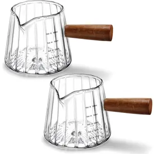2 PCS 6 Oz Espresso Measuring Glass Cups with Wood Handle, Milk Frothing Cup for Coffee, Milk, Tea or Maple Syrup Serving