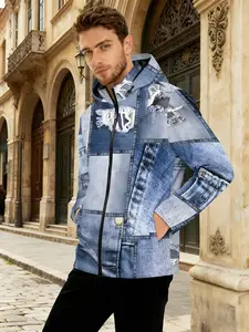 Street trendy and limited, denim mended with full prints, men's jackets & Coats, Long Sleeve, retro personalized wind belt pockets and hooded designs, gifts for boyfriends, urban casual wear