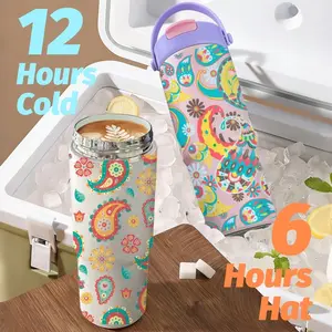 PIKPAKA Colorful Paisley Pattern Vacuum Flasks 700ml Ceramic Lined Tumbler with Tea Infuser & Hidden Straw, Vacuum Insulated Travel Mug, Long Cold Retention Coffee Water Bottle with Handle & Non-Slip Base