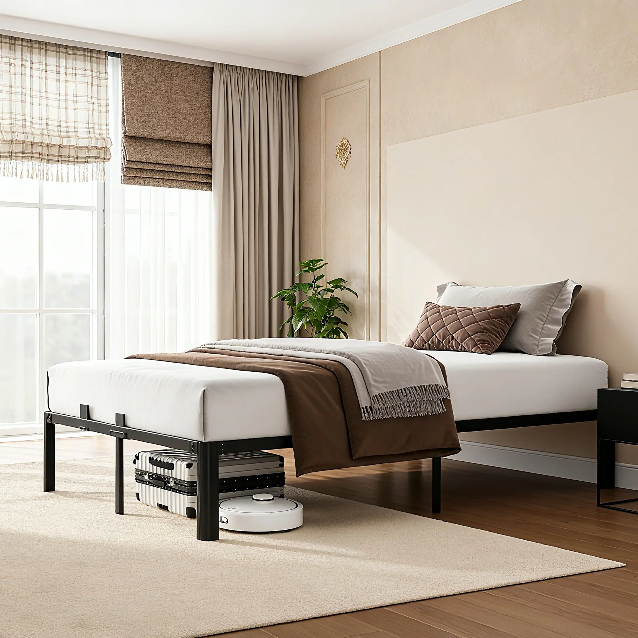 【Deal】Metal Bed Frame Queen Size,14 Inch 3500 lbs Heavy Duty Platform BedFrames,No Noise No Box Spring Needed, Easy Assembly with Storage, Bed Frames, Queen Bed Frame