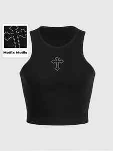 LALUZ Y2K Aesthetic Cross Pattern Rhinestone Tank Top Crop Top Going Out Top Streetwear Summer Outfit