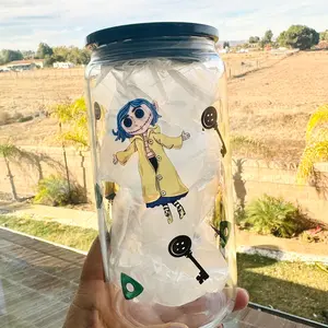 Coraline Doll Glass Tumbler - Reusable with Lid, Featuring Decorative Design, Ideal for Kids and Collectors