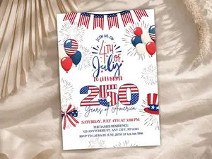 America 250th Birthday Party Invitation, Fourth of July BBQ Invite | Patriotic Red White Blue Celebration Card