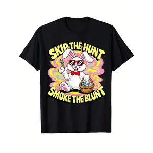 Men's Easter Humor Graphic T-Shirt - Skip The Hunt Smoke The Blunt Bunny Design, 220gsm Cotton Short Sleeve Round Neck Casual Tee for Adults, Machine Washable