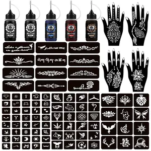 Temporary Tattoo Kits 5 Inks 102 Stencils, Henna Tattoo Kit with Mandala Stencils Semi Permanent Tattoo Markers Jagua Gel for Women Men Kids DIY Art Painting Party Gifts Makeup