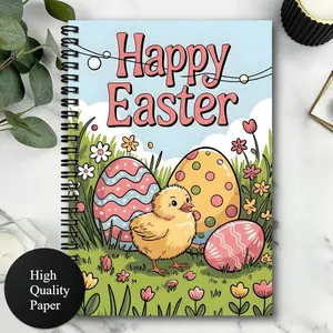 1 pc A5 inch Happy Easter themed notebook featuring cute chicks and decorated eggs with floral designs, perfect for school supplies, daily journaling, note-taking, with mixed color pages.