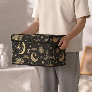 3 cherry blossom Sun, moon and star pattern printed cover storage boxes, with handles for bedroom wardrobe organization and under-bed storage, suitable for storing clothes, blankets, bed sheets and toys, Bedroom Organizer