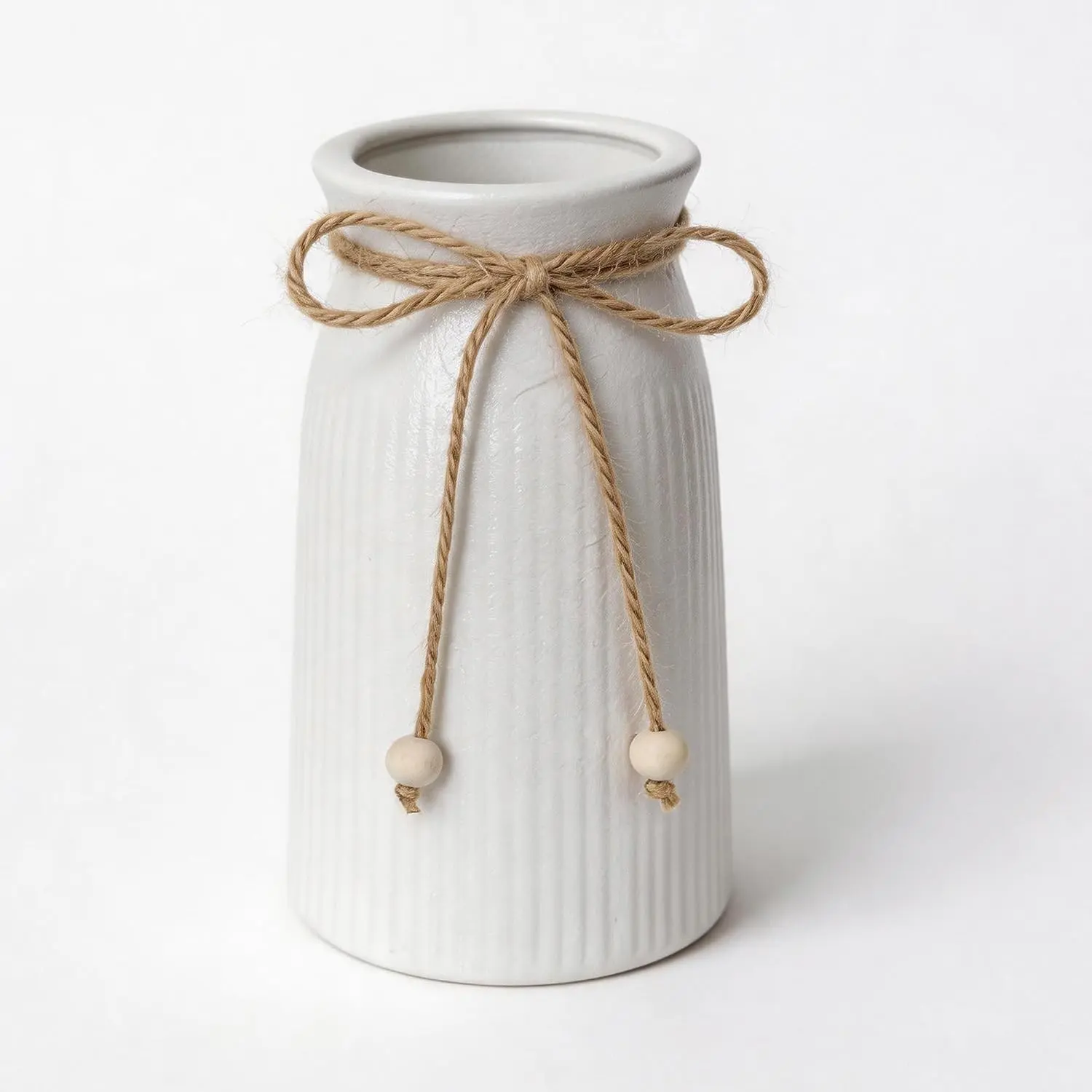 6-Inch Minimalist Ribbed Textured White Ceramic Vase, Modern Farmhouse Home Decor with Twine Bow, Gift-Worthy Flower Vase for Table Centerpiece & Table Decor (Living Room, Office)