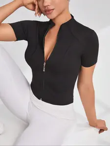 New Outdoor Running Casual Tight-Fitting Slimming Full Zip Stand Collar Yoga Top Jacket for Women, Workout Clothes, High Stretch Breathable Quick Dry Short Sleeve Outdoor Zipper Jacket, Athletic Workout Jacket
