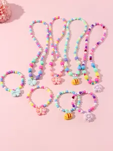8pcs/set Multicolor Acrylic Beaded Bracelet Flower Butterfly Bee Pendant Elastic Necklace Set for Girls School Birthday Party Gift Accessory