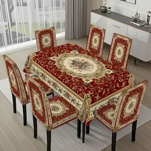 5/7-piece 2D Flat Printing Red - Patterned Floral Carpet Printing Pattern Tablecloth and Chair Cover Set, for dining table and chair decoration, perfect for home, holiday gatherings, restaurants, and parties, Chair Covers Set