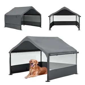Extra Large Outdoor Dog House Tent with 3-Sided Mesh Windows, Breathable Sun Rain Cover Pet Shelter with Canopy and Ground Stakes for Dogs, Cats, Livestock – 4' x 4' x 3.3', Gray