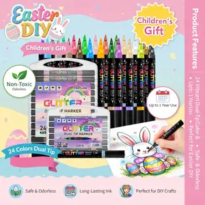 24 Colors Dual Tip Glitter Markers for Kids Non Toxic Odorless Perfect Easter Basket Stuffer DIY Crafting Art Supplies Gift Set Safe Odorless Long Lasting Ink - Sticker, Student