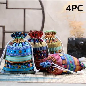 4 Linen Drawstring Bags, Multi-Purpose Jewelry Storage Gift Bags, Traditional Ethnic Patterns, Reusable for Accessories, Coins, Parties, Weddings, Holidays