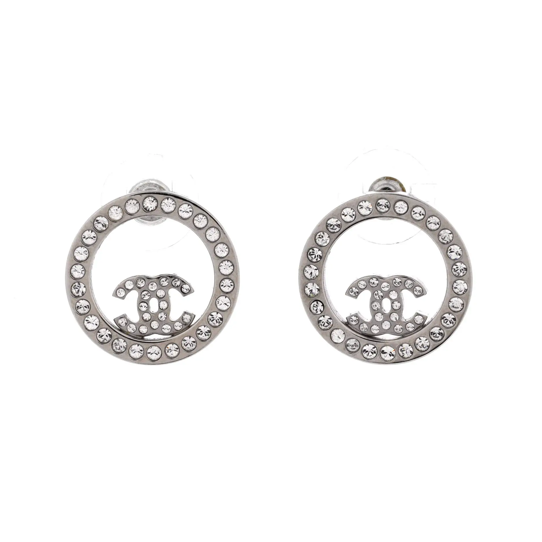 Pre-owned Chanel Round CC Cut Out Stud Earrings Metal with Crystals by Rebag