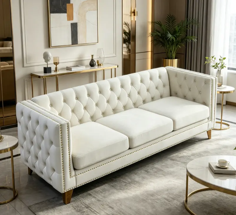 Classic Velvet Fabric Decorative Sofa - Square Fixed Arm Tufted Button-Upholstered 2-Section Couch with Sturdy Metal Legs, Modern Indoor Furniture for Living Room, Office, Sofas Living Room