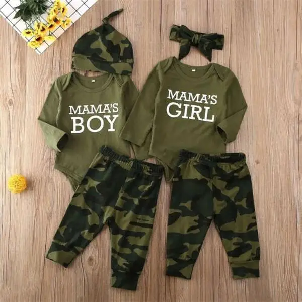 Newborn Baby Camouflage Outfit Mamas Girl boy Ruffle Romper Camo Pants Headband Set