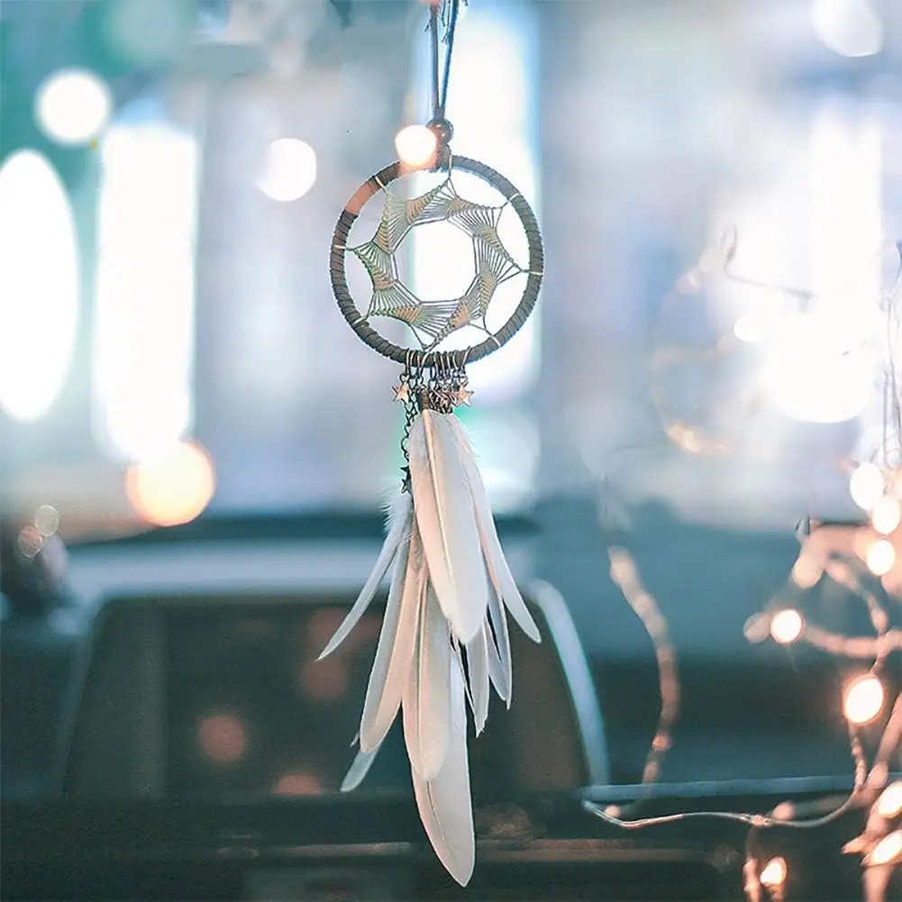 Alynsehom 7cm Handmade Bead Yarn Grid Retro Dream Catcher - Hangable White and Black, Blue and Grey Boho Ornaments with Grey Feathers, Sleep Aid Room Accessories, Kids Car Rearview Mirror Charm