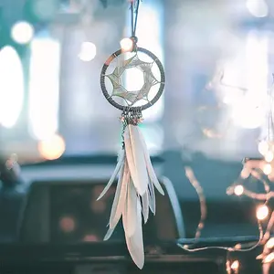 Dream Catcher Car Interior Rearview Mirror Hanging Decor Handmade Grids Nature Feather Small Boho Car Charms Pendant Accessories (Grey Feather)