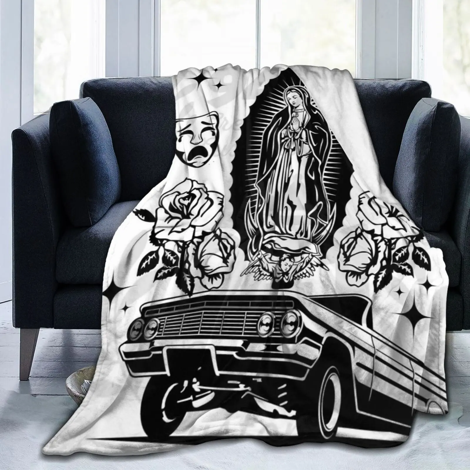 Cozy Flannel Throw Blanket - Soft, Warm, Fading-Resistant, Wrinkle-Resistant Customizable Home Decor with Retro Modern Low Rider, Virgin Mary, Flower Prints, Ideal for Couch, Bed, Gifting (Flannel Cozy Blanket for Home Use), Throw Blankets