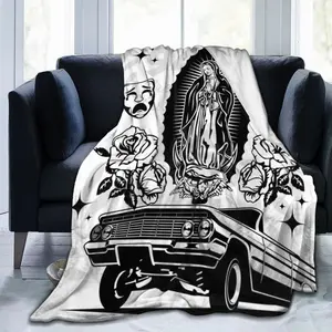 Soft & Warm Flannel Throw Blanket - Low Rider & Virgin Mary Design with Flowers, Perfect for Couch, Bed, Car, Office, Camping - Versatile All-Season Gift