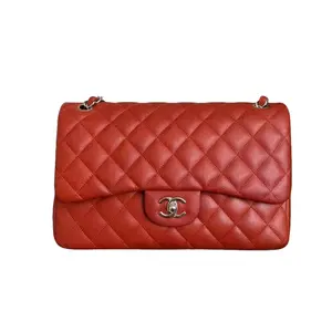 Pre-owned CHANEL Caviar Crossbody Bags Jumbo Double Flap Red Sliver Hardware (14***86) AN080