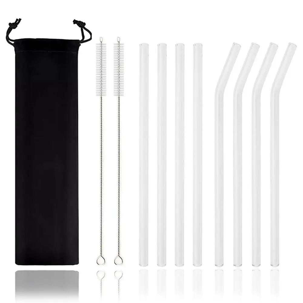 Reusable Glass Straws Set, Including Glass Straws*8 & Straw Brush*2 & Storage Bag*1, Portable Drinkware Accessories for Home & Outdoor, Suitable for D