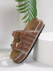 Women's Fashion Rhinestone Thick Sole Slippers, Adjustable Dual Strap Sandals, Pearl Embellished Summer Comfort Shoes