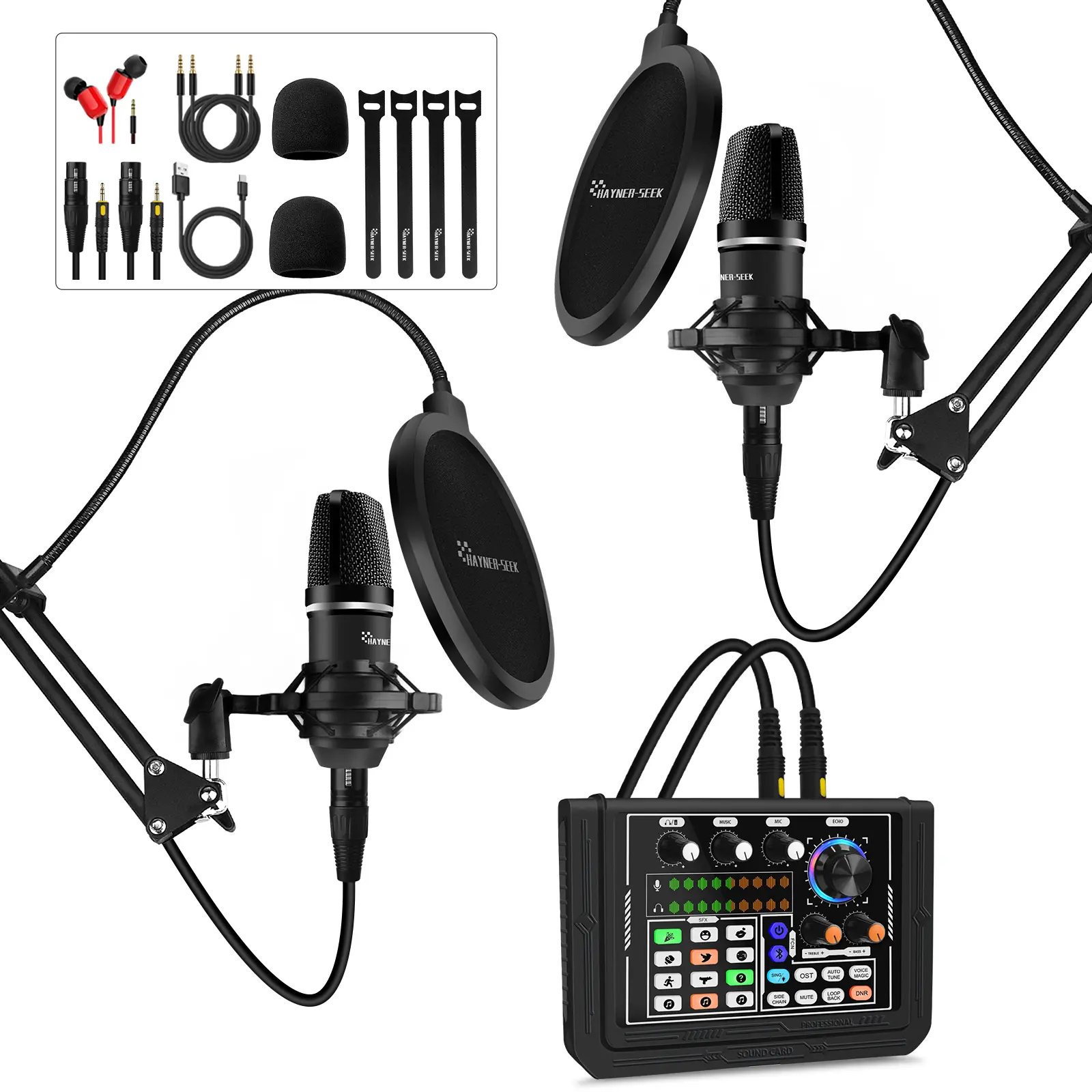Hayner-Seek Podcast Equipment Bundle, DJ Mixer Sound Mixer with Mic Audio Interface/Audio Mixer for Live Streaming/Gaming/Recording/Singing/PC/Smartphone/Tablet