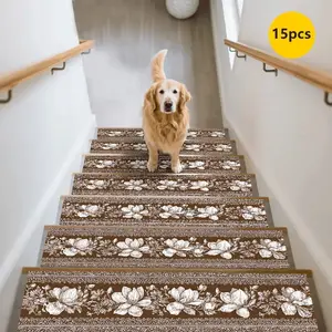 15pcs Non-Slip Dura Stair Mats Vintage Pattern Decor Home Use Stair Carpet Anti-Skid Pad Stair Protector Rug