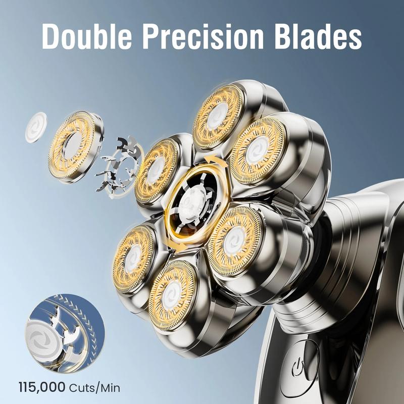 MISAM Pro Max 7,500 RPM 7D Magnetic Head Shaver for Bald Men IPX7 Waterproof Quick Charge Grooming Kit 6-in-1 LED Display Type-C Rechargeable Easy-Clean Detachable Heads