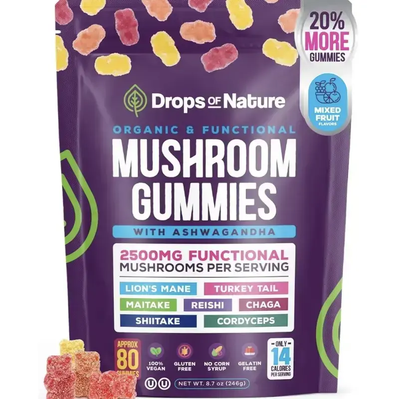 Drops Of Nature Mushroom Complex Gummies with KSM-66 Ashwagandha, Lion's Mane, Reishi, Cordyceps, Chaga, Maitake, Shiitake, Turkey Tail, Mixed Fruit Flavor, 80-Count Natural Dietary Supplement