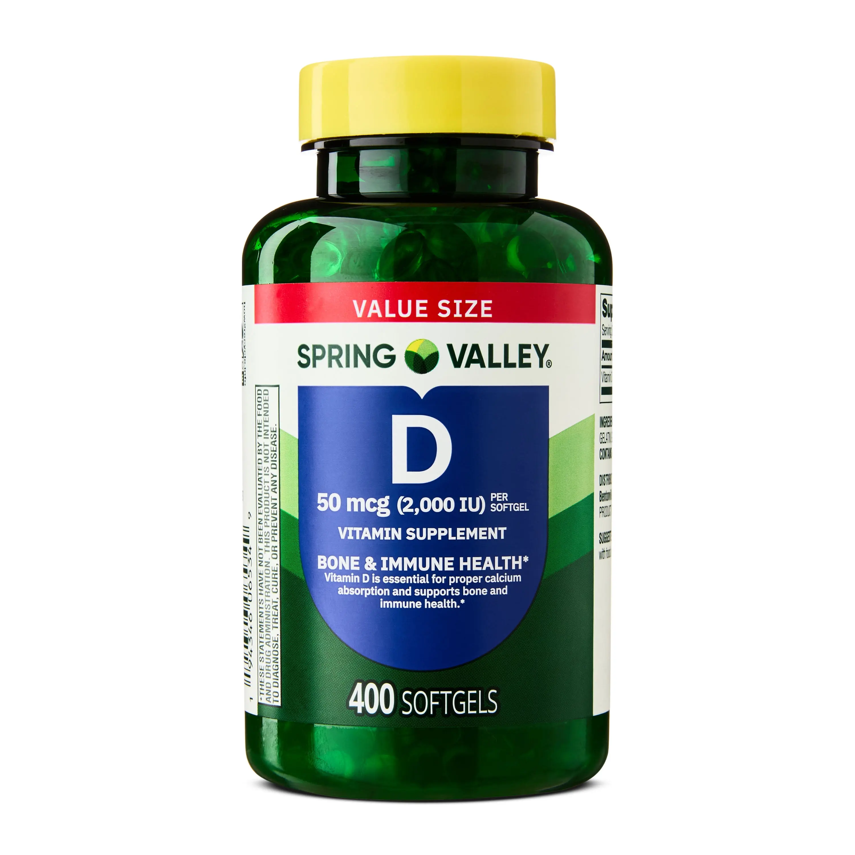 Spring Valley Vitamin D3 Supplement 50 mcg 2000 IU 400 Softgels Supports Bone Immune Health Easy to Swallow Softgel for Adults