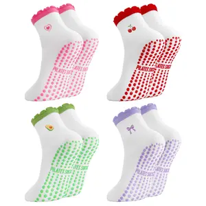 Women Cute Pilates Socks Grip Crew Yoga Socks Ruffle Cuff Embroidery Pattern Workout Ballet Socks  cut athletic hidden liner