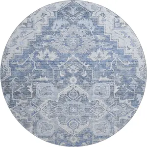 HomeRoots 664735 8 ft. Washable Round Blue Area Rug - Denim Blue, Ivory & Gray Floral-Shaped Medallion Design, UV Protection, Dual-Colored, Full-Sized, Giant Area Rug, Blue Area Rugs, Dual-Colored Area Rugs