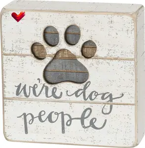Primitives by Kathy Hand-Lettered Slat Box Sign We're Dog People with Cut-Out Paw Print Rustic Wood Wall Decor 5x5x1.75 Inches