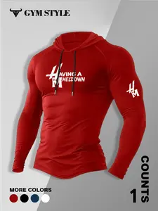 Men's Gym Compression Hoodie, Having A Meltdown Double Graphic Print Long Sleeve Top, GYM STYLE Fitness Workout T-Shirt with Hood, Multiple Colors for Bodybuilding & Daily Wear